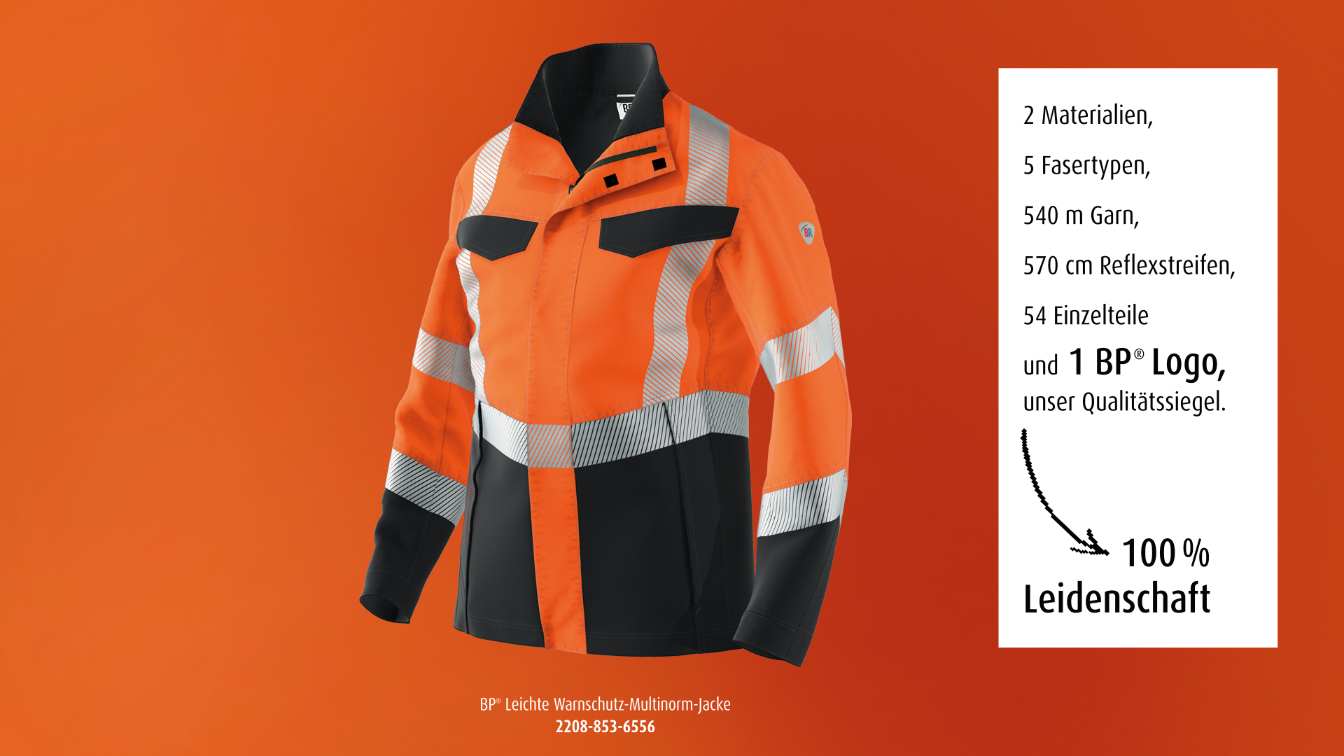 Leichte BP® Multinorm Warnschutzjacke in warnorange und Auflistung der Materialien sowie Zutaten.